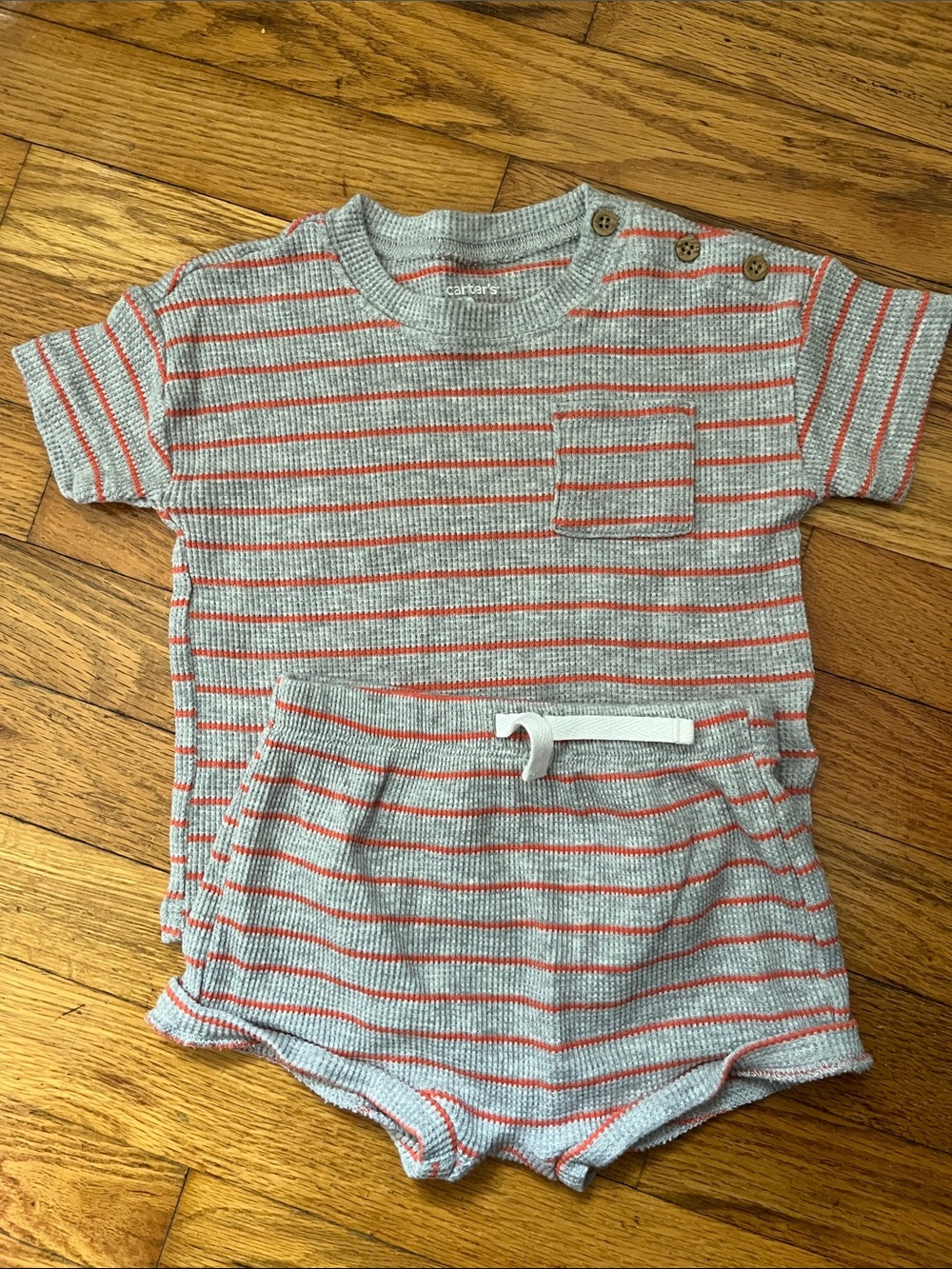 Carter’s 12 month Striped Knit Baby Two-Piece Set - Gray with Coral Stripes